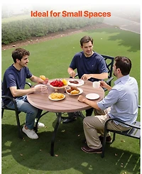 Mecale Round Outdoor Patio Dining Table with Wood-Like Steel Slats and 1.5" Umbrella Hole