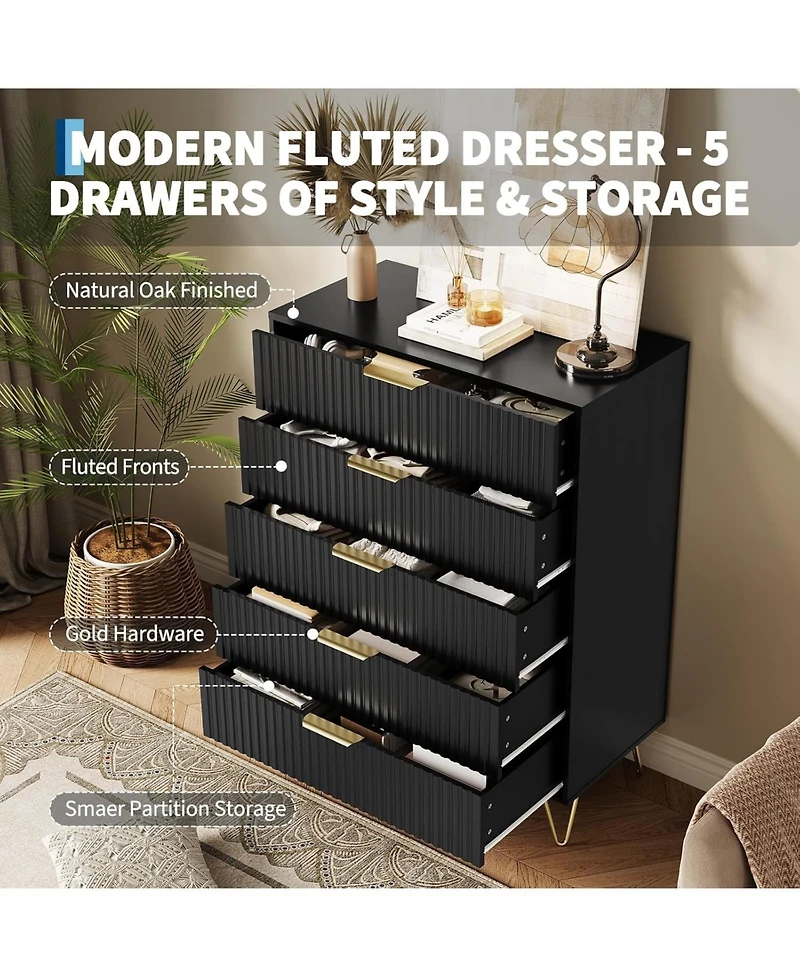 gaomon Fluted 5-Drawer Dresser for Bedroom, 32" Wide Modern Minimalist Chest of Wooden Drawers,Wide Clothes Storage Organizer