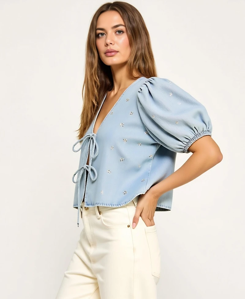 Modenaire Women's Embroidered Puff Sleeve V-Neck Tie-Front Top