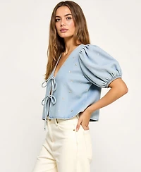 Modenaire Women's Embroidered Puff Sleeve V-Neck Tie-Front Top