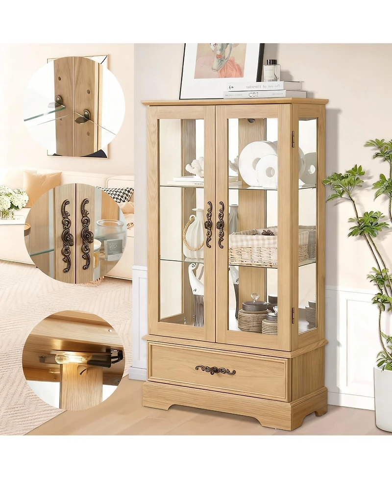 Yigii Antique Display Cabinet with Lighted Glass Doors and Mirrored Panel