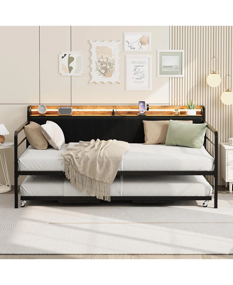 gaomon Daybed with Trundle & Led Light, Sturdy Metal Frame, Corduroy Headboard, Usb Charging