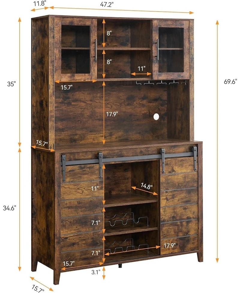 gaomon Rustic 70 Inch Tall Farmhouse Coffee Bar Cabinet with Sliding Barn Doors Ample Storage Shelves Wine Racks and Glass Holder