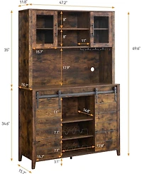 gaomon Rustic 70 Inch Tall Farmhouse Coffee Bar Cabinet with Sliding Barn Doors Ample Storage Shelves Wine Racks and Glass Holder
