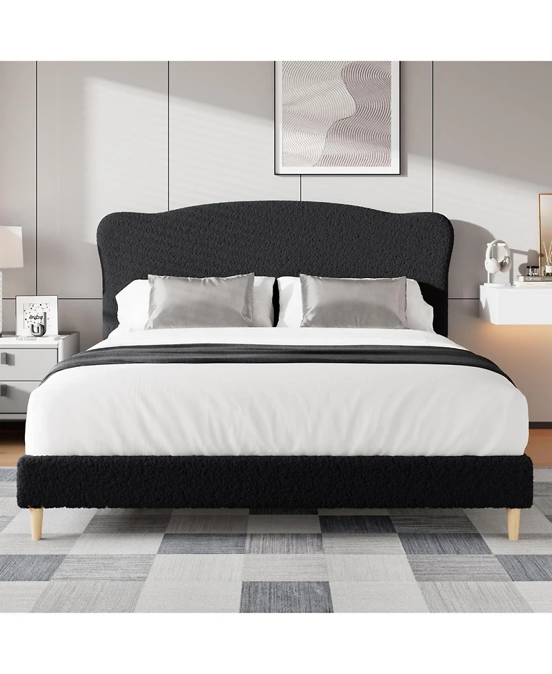 Gaomon Queen Upholstered Platform Bed Frame with Low-Profile Rounded Headboard, Heavy-Duty Wooden Slats, Noise-Free, No Box Spring