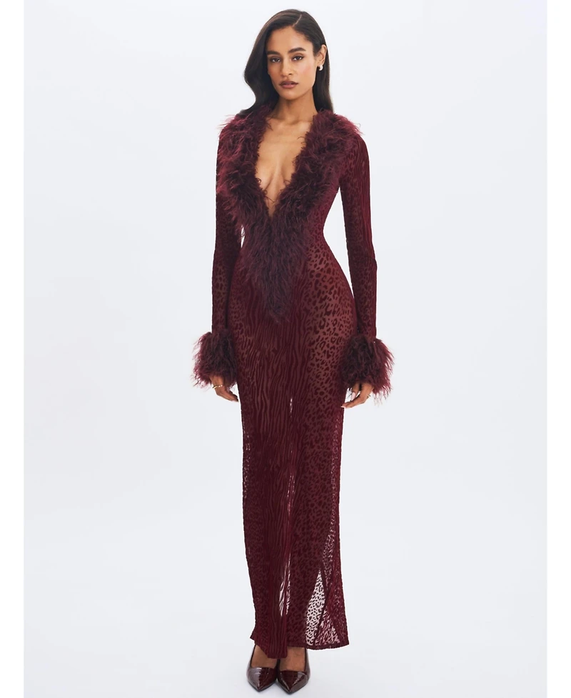 Miss Circle Women's Luana Burgundy Plunging Fur Trimmed Crochet Maxi Dress
