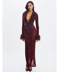 Miss Circle Women's Luana Burgundy Plunging Fur Trimmed Crochet Maxi Dress