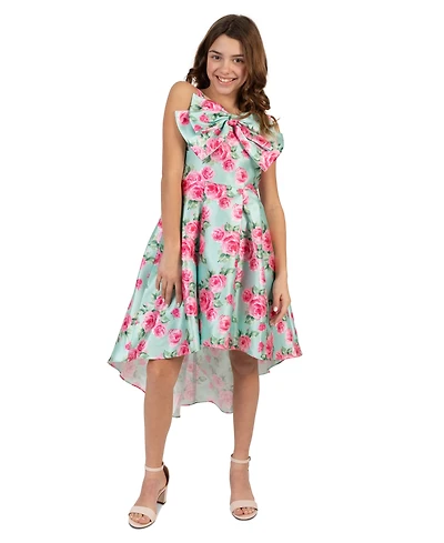 Rare Editions Girls' 7-16 Floral Mikado Hi-Lo Bow Dress