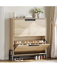 gaomon Shoe Storage Cabinet with 2 Flip Drawers, Freestanding Narrow Shoe Organizer with Adjustable Shelf & Metal Legs for Entryway