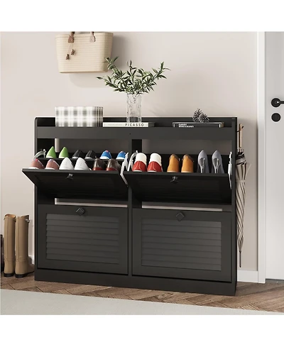 Gaomon Large shoe cabinet with 4 flip drawers and wooden legs; a narrow, freestanding hidden shoe organizer ideal for entryways, hallways, or bedrooms