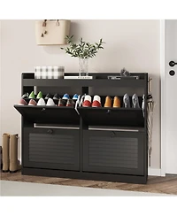 Gaomon Large shoe cabinet with 4 flip drawers and wooden legs; a narrow, freestanding hidden shoe organizer ideal for entryways, hallways, or bedrooms