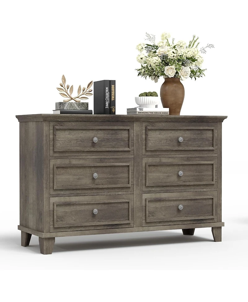 gaomon 6 Drawer Grey Dresser, Modern Wooden Chest with Metal Handles for Bedroom Living Room Home Office