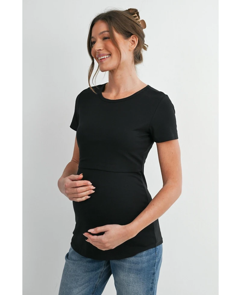 Hello Miz Maternity Nursing Ribbed Short-Sleeve Crewneck Top with Lift-Up Panel