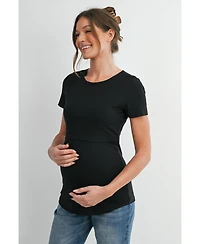Hello Miz Maternity Nursing Ribbed Short-Sleeve Crewneck Top with Lift-Up Panel