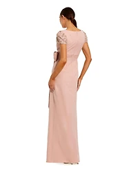 Mac Duggal Women's Beaded Cap Sleeve Crepe Gown With Bow and Slit