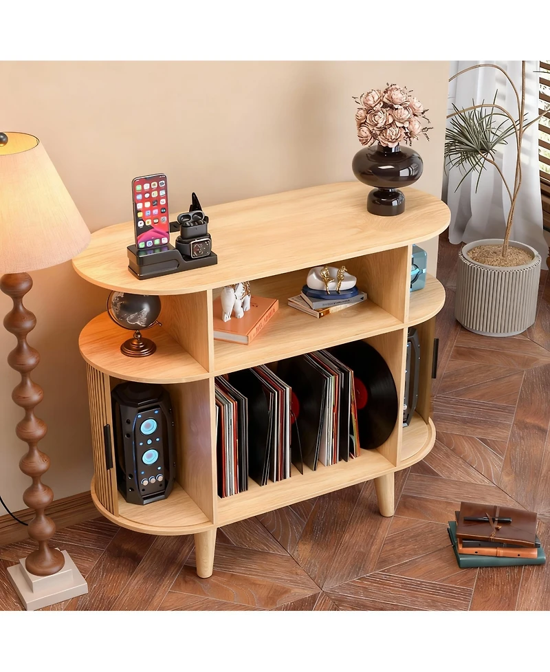 Yigii Mid-Century Modern Record Cabinet with Charging Station & Storage