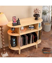 Yigii Mid-Century Modern Record Cabinet with Charging Station & Storage