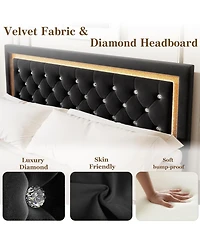 gaomon King Floating Platform Bed with Led Lights, Upholstered Diamond Headboard, Solid Wood Slats