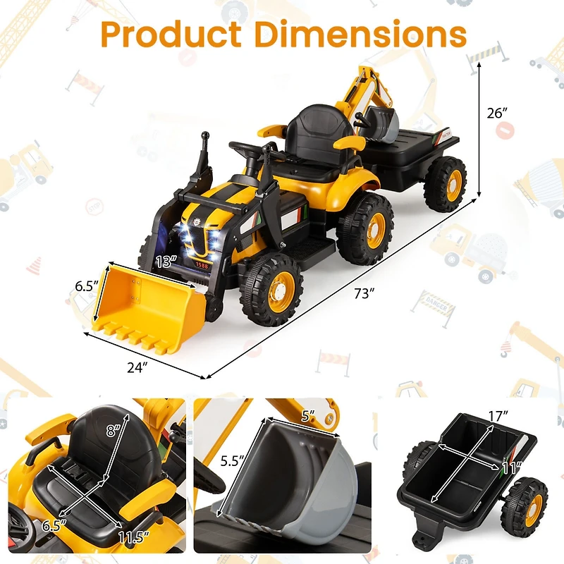Slickblue 12V 4-in-1 Kids Ride On Tractor with Excavator & Bulldozer