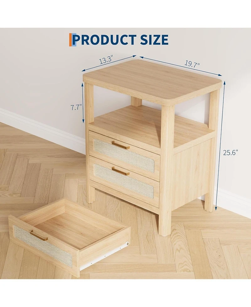 gaomon Rattan Nightstands Set of 2, Large Nightstands with Drawers and Storage Shelf, Farmhouse Bedside Table, Wood