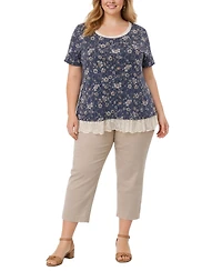 Coin 1804 Plus Boho Floral Rib and Lace Pleat Back Short Sleeve Top