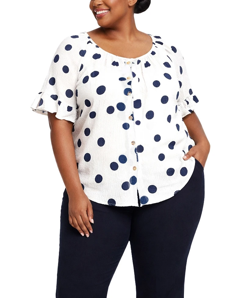 Coin 1804 Plus Polka Dot Crinkle Knit Button-Front Ruffle Sleeve Top
