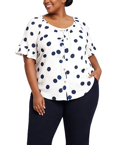 Coin 1804 Plus Polka Dot Crinkle Knit Button-Front Ruffle Sleeve Top