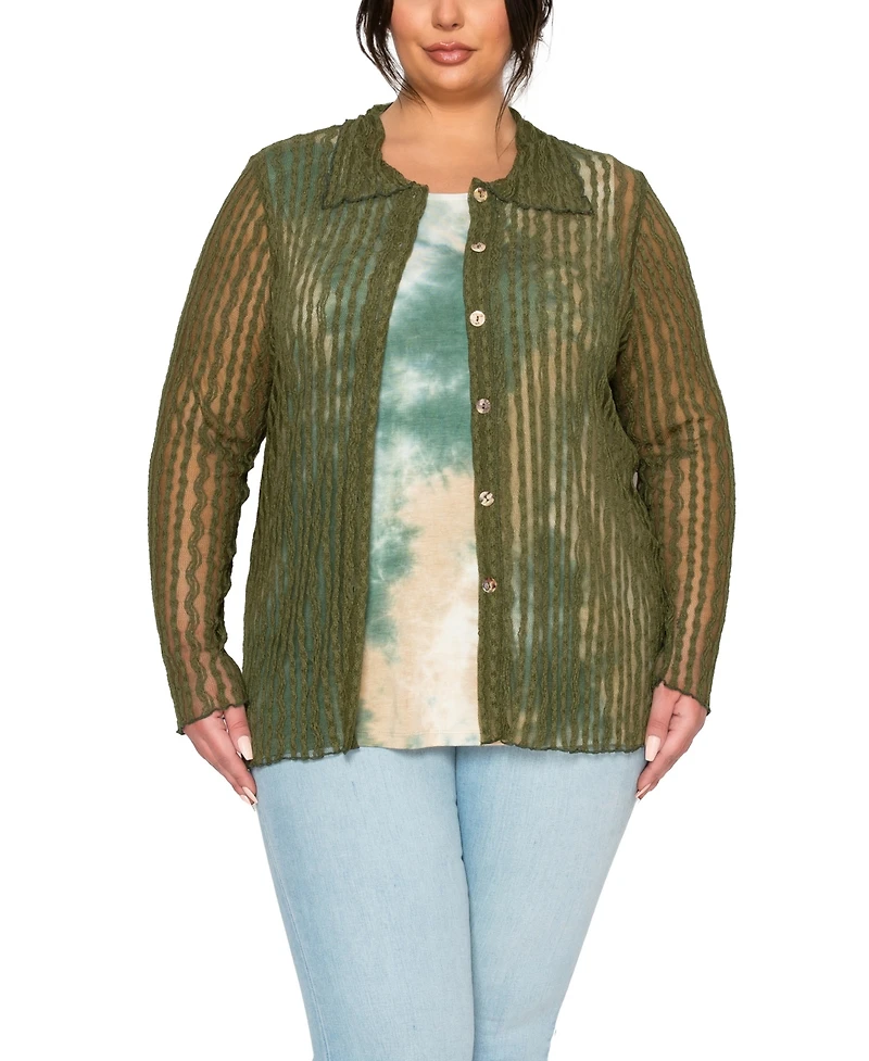 Coin 1804 Plus Vertical Floral Stripe Lace Button Front Shirt