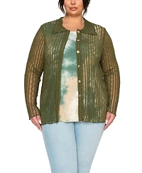 Coin 1804 Plus Vertical Floral Stripe Lace Button Front Shirt