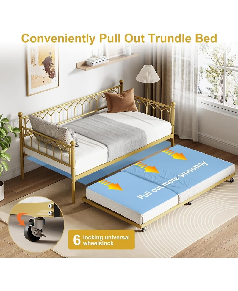 gaomon Twin Daybed with Pull-Out Trundle, Led Lights & Charging Station, Metal Sofa Bed,