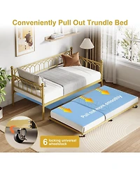 gaomon Twin Daybed with Pull-Out Trundle, Led Lights & Charging Station, Metal Sofa Bed,