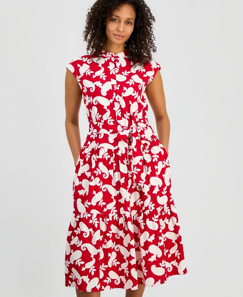 Nautica Women's Printed Tiered Band-Collar A-Line Dress