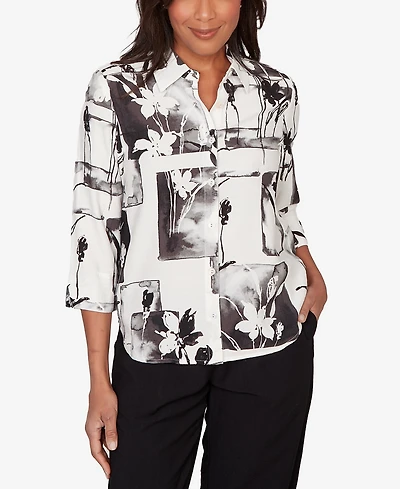 Alfred Dunner Petite Crowd Pleaser Floral Patchwork Button Front Top
