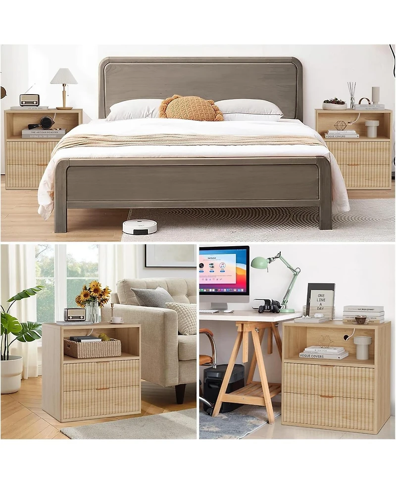 Gaomon Fluted Farmhouse Night Stand with Charging Station, 23" Mid-Century Modern Nightstand, 2 Drawers End Table, Wood/2PCS