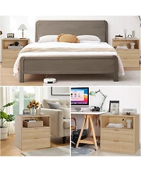 Gaomon Fluted Farmhouse Night Stand with Charging Station, 23" Mid-Century Modern Nightstand, 2 Drawers End Table, Wood/2PCS