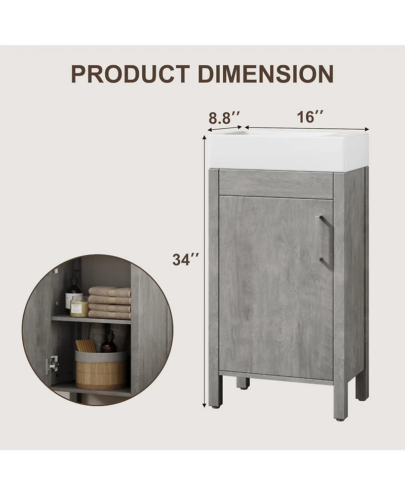 gaomon 16" Bathroom Vanity with Sink Freestanding Bathroom Sink Cabinet with 2 Soft-Closing Doors and Large Storage Drawer Wood Vanity Cabinet