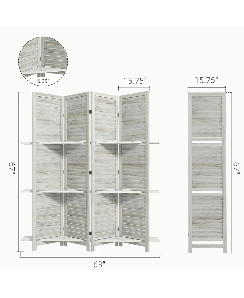 Homcom 4 Panel Privacy Screen, Room Divider with 3 Shelves