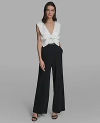 Karl Lagerfeld Paris Women's Sleeveless Mixed Media Bow Bodice Jumpsuit