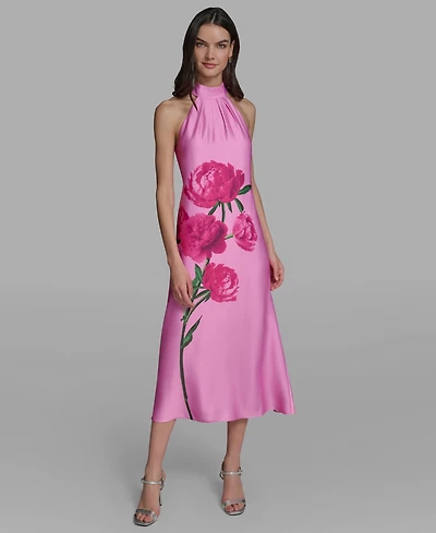 Karl Lagerfeld Paris Women's Sleeveless Floral Peony Halter Neck Midi Dress
