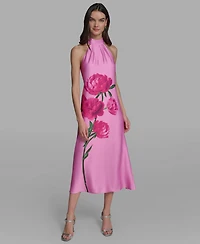 Karl Lagerfeld Paris Women's Sleeveless Floral Peony Halter Neck Midi Dress