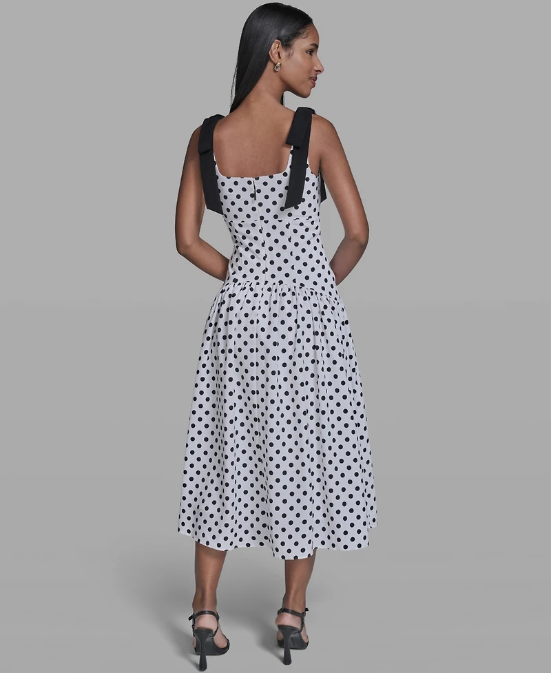 Karl Lagerfeld Paris Women's Sleeveless Polka Dot Bow Strap Midi Dress