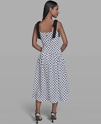 Karl Lagerfeld Paris Women's Sleeveless Polka Dot Bow Strap Midi Dress