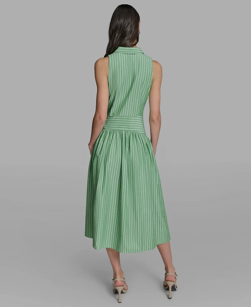 Karl Lagerfeld Paris Women's Stripe Shirting Button-Down Sleeveless Midi Shirtdress