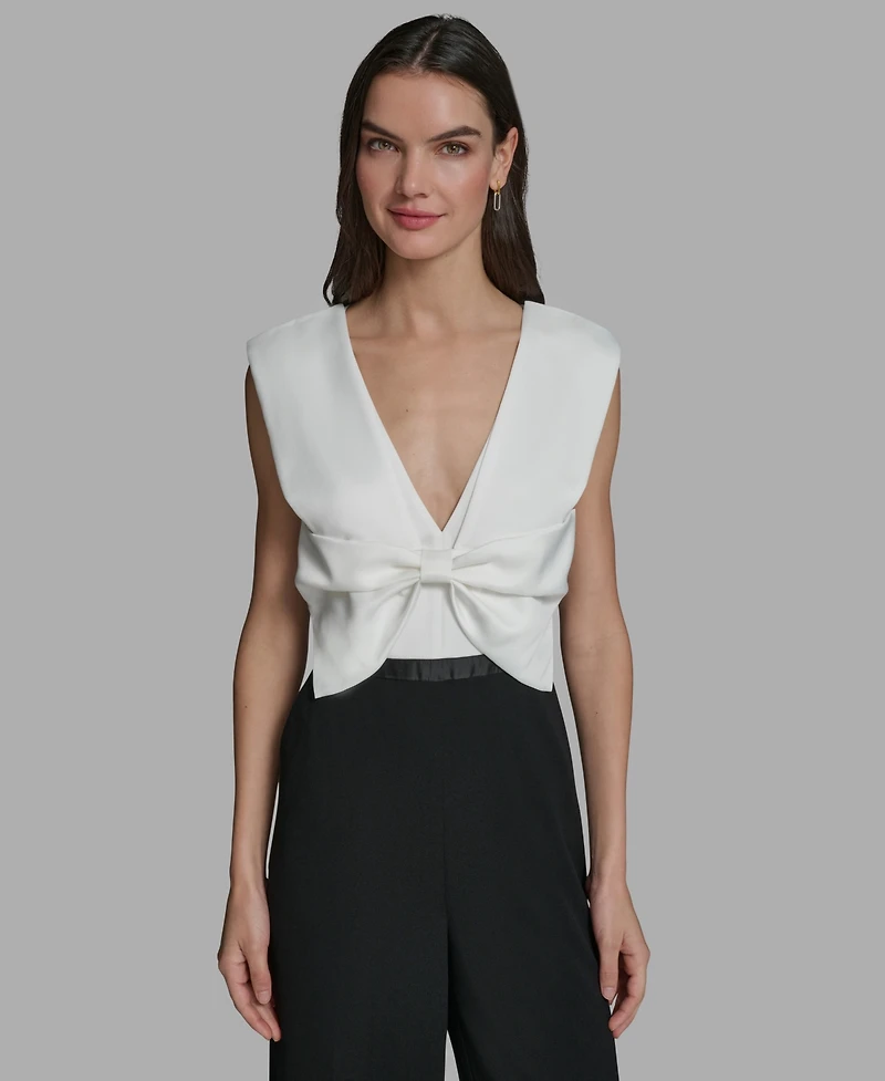 Karl Lagerfeld Paris Women's Sleeveless Mixed Media Bow Bodice Jumpsuit