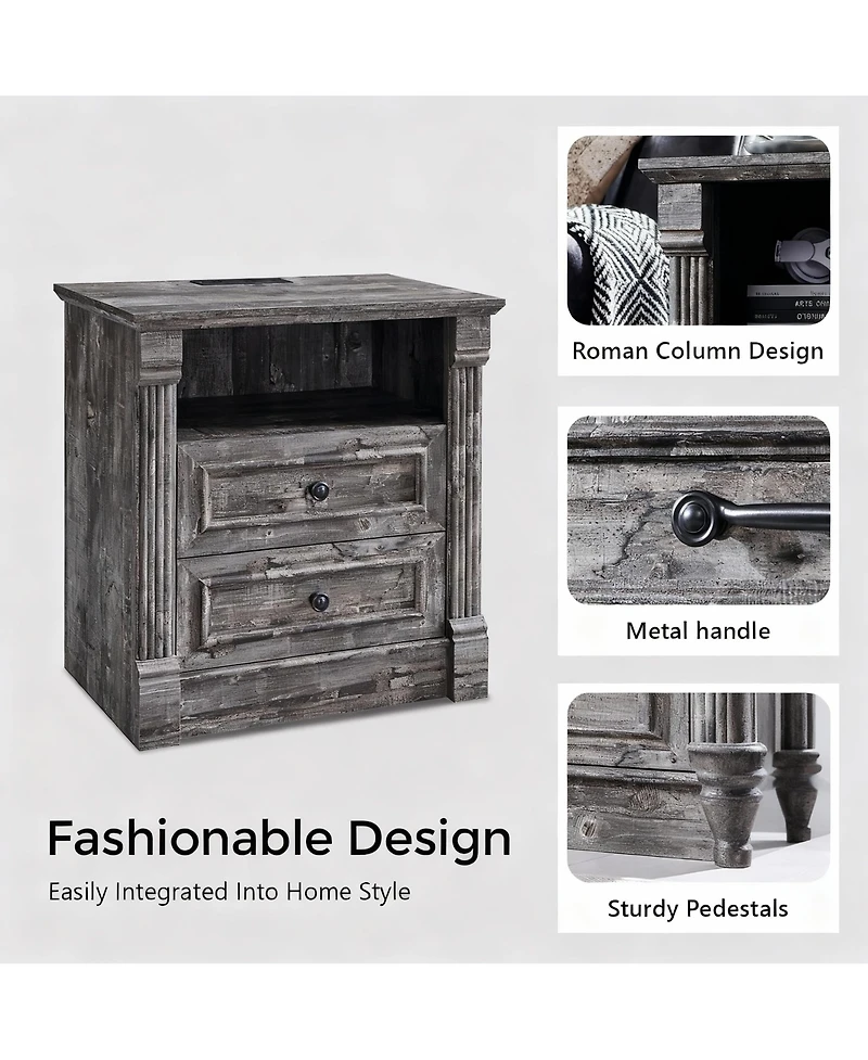 Yigii Farmhouse Nightstand with Charging Station and Storage
