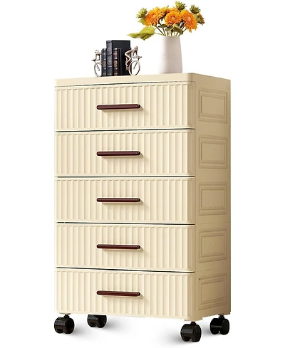 gaomon 5 Tiers Plastic Drawer Storage On Wheels, Storage Chest of Drawers Tall Dresser, Pull Out Storage Bins for Bedroom