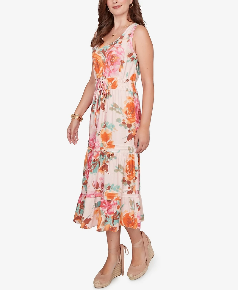 Ruby Rd. Plus Drawstring Waist Floral Linen Tiered Dress