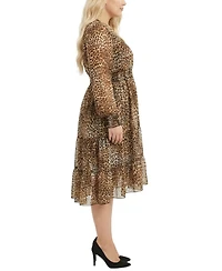 Ny Collection Plus Long Sleeve Clip Dot Chiffon Dress with Smocked Waist and Cuffs