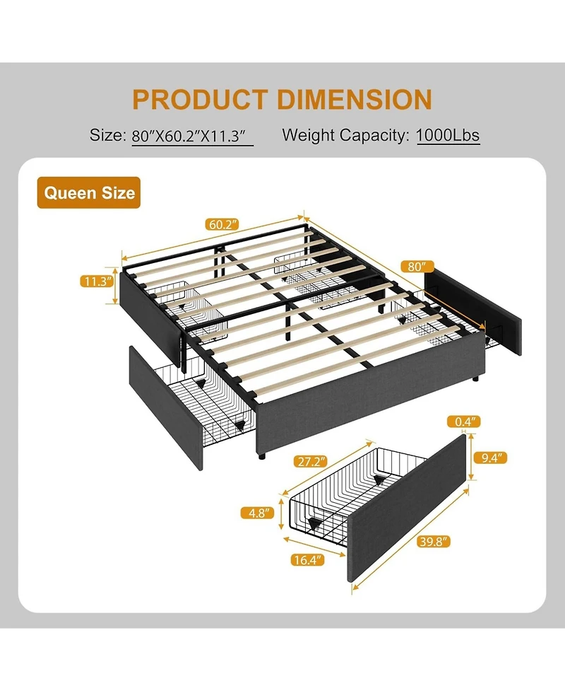 Gaomon Platform Bed Frame, Fabric Upholstered with 4 Storage Drawers, No Box Spring Needed, Wooden Slats Support, Noise Free