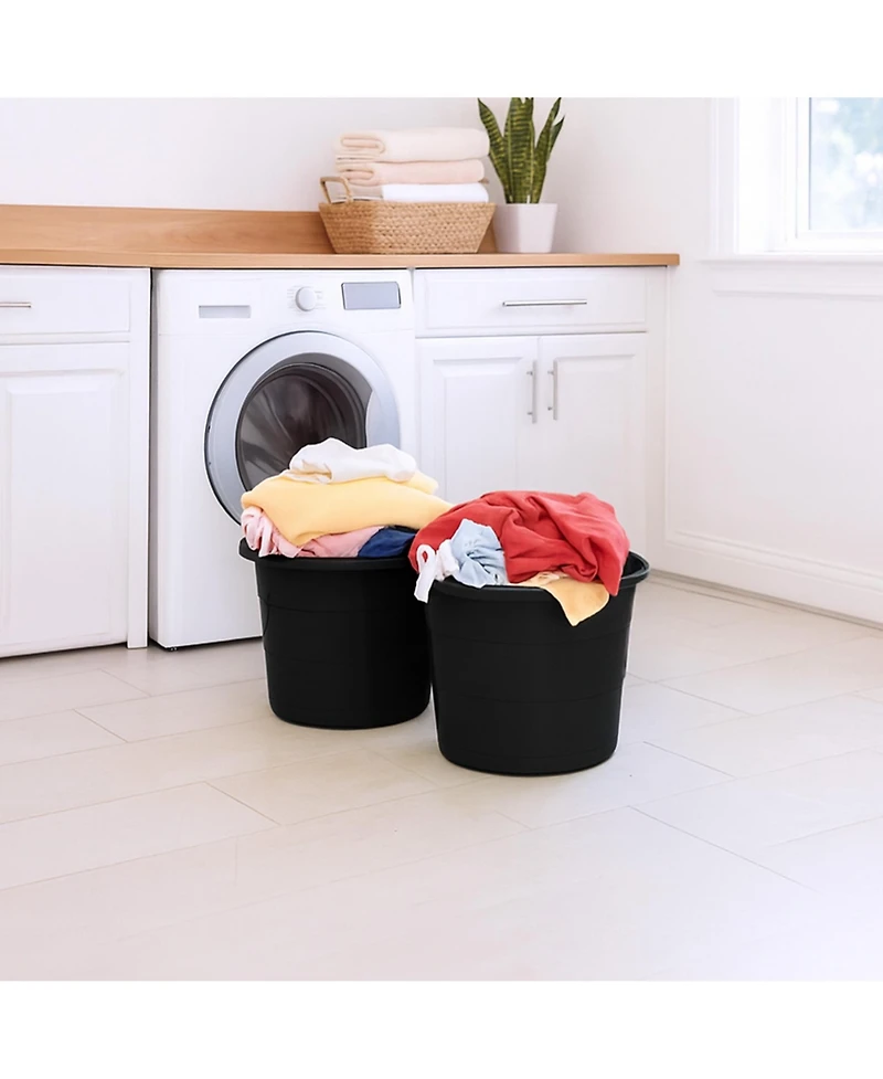 Homz 17 Gal Plastic Open Storage Round Utility Tub with Handles, Black (2 Pack)